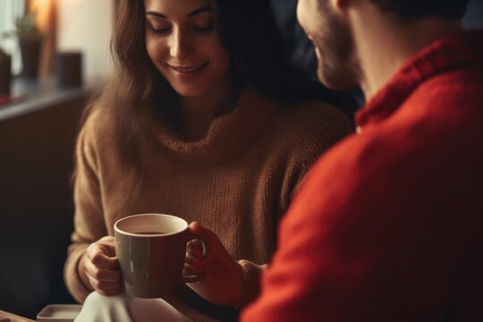 A man and a woman are seen sitting at a table, each with a cup of coffee. This image can be used to depict a casual meeting or a coffee break.