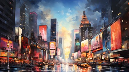 Bustling cityscape, capturing the vibrant energy of the urban environment