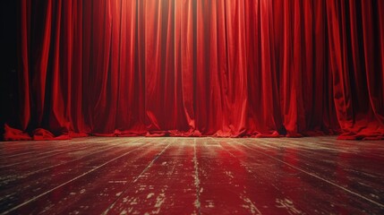 A stage with a red curtain and a wooden floor. Perfect for theater productions and performances