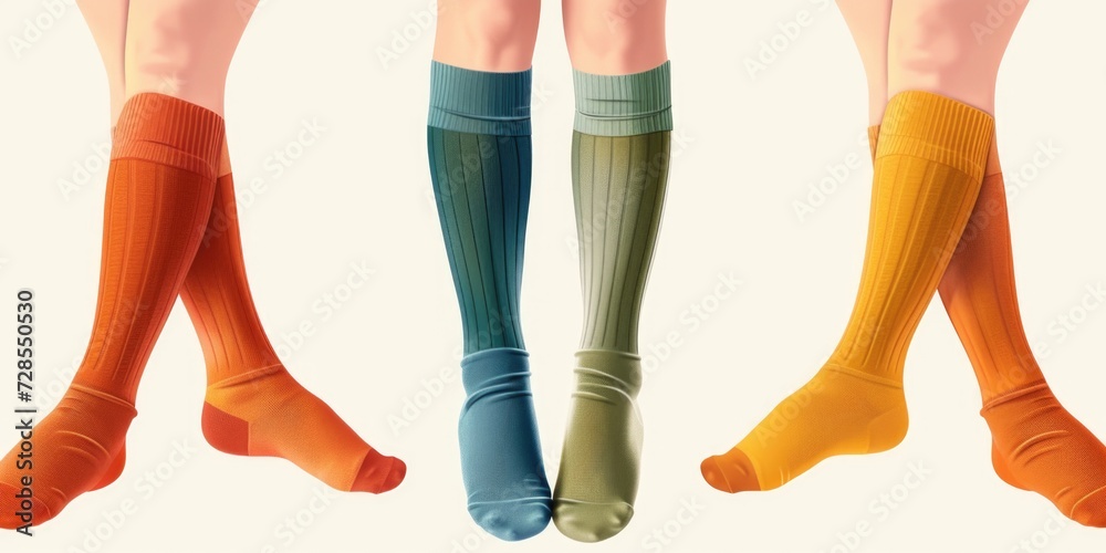 Poster A vibrant collection of three pairs of socks in various colors and patterns. Perfect for adding a pop of color to any outfit. Ideal for fashion-related projects or product promotions