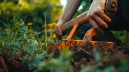 A person is seen using a shovel to dig in a garden. This image can be used to depict gardening, landscaping, or outdoor activities