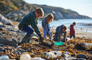 Children engage in a beach cleanup, diligently picking up trash amidst seaweed and rocks, contributing to environmental conservation efforts