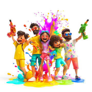 Playful 3D characters engaged in a vibrant Holi splash party, rendered with a glossy finish and high-quality details