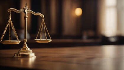 Golden scales of justice on wooden table in courtroom, blurry background.