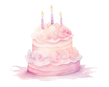Watercolor style pink birthday cake decorated with rose flowers.