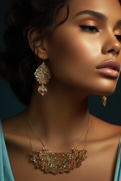 A beautiful woman wearing a necklace and earrings. This image can be used for fashion, beauty, or jewelry-related projects