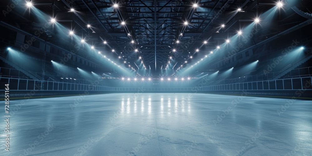 Poster an empty ice rink with spotlights shining on the floor. can be used for sports events or performance