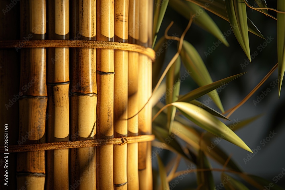 Aufkleber A close up view of a bamboo pole with a plant in the background. This image can be used to showcase the beauty of nature or as a decorative element in design projects