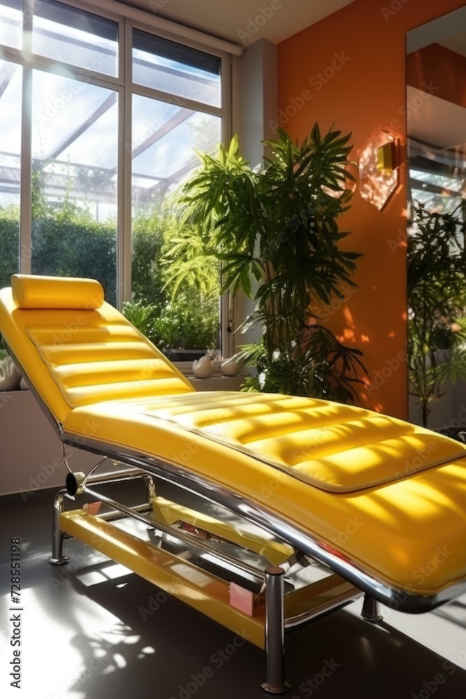 Poster a vibrant yellow chaise lounger in a well-lit room. perfect for adding a pop of color to any space