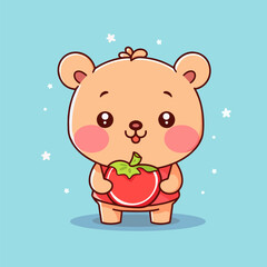 Cute happy cartoon brown bear holding a tomato. Adorable wild baby animal eating a vegetable