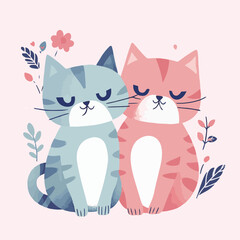Couple of blue and pink tabby cats sitting and cuddling in a garden. Isolated illustration of 2 pets in love snuggling outdoors