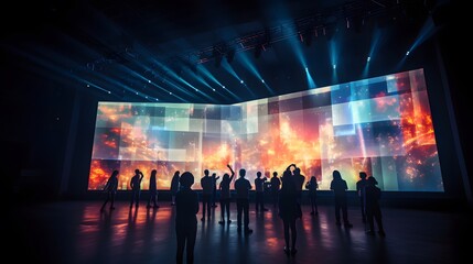 Closeup of a large projector screen showing the virtual concert from multiple angles.

