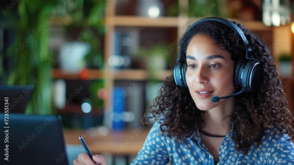 Poster a woman wearing a headset is seated in front of a laptop. this image can be used to represent a cust