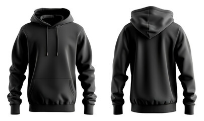 Customizable black hoodie template: showcase your streetwear designs with this digital mockup, including multiple views on a transparent background for print mockups.