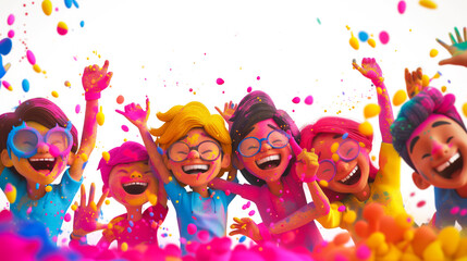 Whimsical 3D characters depicting kids immersed in a playful Holi celebration