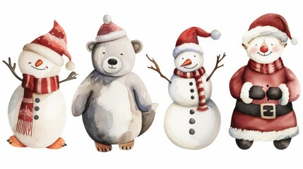 Three snowmen wearing Santa hats, standing together in a snowy landscape. Perfect for Christmas and winter-themed designs