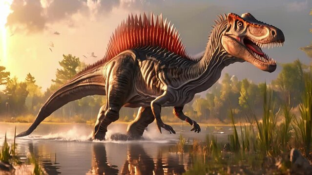 An imaginative reconstruction of a Spinosaurus taking into account recent scientific discoveries that change our understanding of its appearance and behavior.