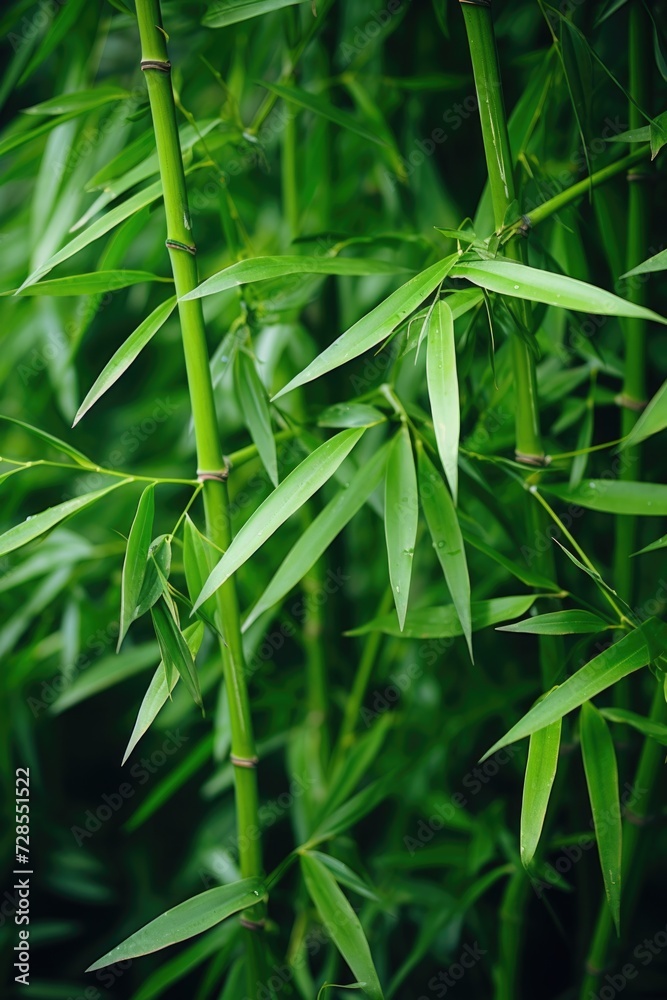 Poster a detailed view of a bamboo plant showcasing its vibrant green leaves. this image can be used to add