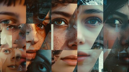 A collage of photos showcasing the different expressions and features of a woman's face. This versatile image can be used to represent beauty, diversity, emotions, or the concept of identity.