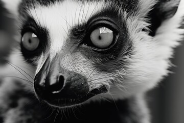 A black and white photo of a ring-tailed lemur. Suitable for nature and wildlife themes