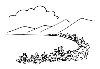 Simple black outline vector drawing. Sea shore , bay. Mountains on the horizon, clouds in the sky. Trees and bushes. Coast with vegetation. Nature and landscape. Sketch in ink.
