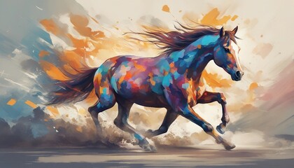 wild and free horse running in nature, digital art.