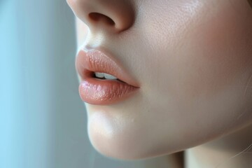 Close-up view of a woman's face featuring her pink lips. Versatile image suitable for beauty, makeup, or skincare related projects