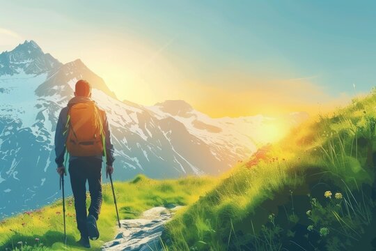 A person is seen walking up a hill with a backpack. This image can be used to depict hiking, adventure, outdoor activities, or exploring nature