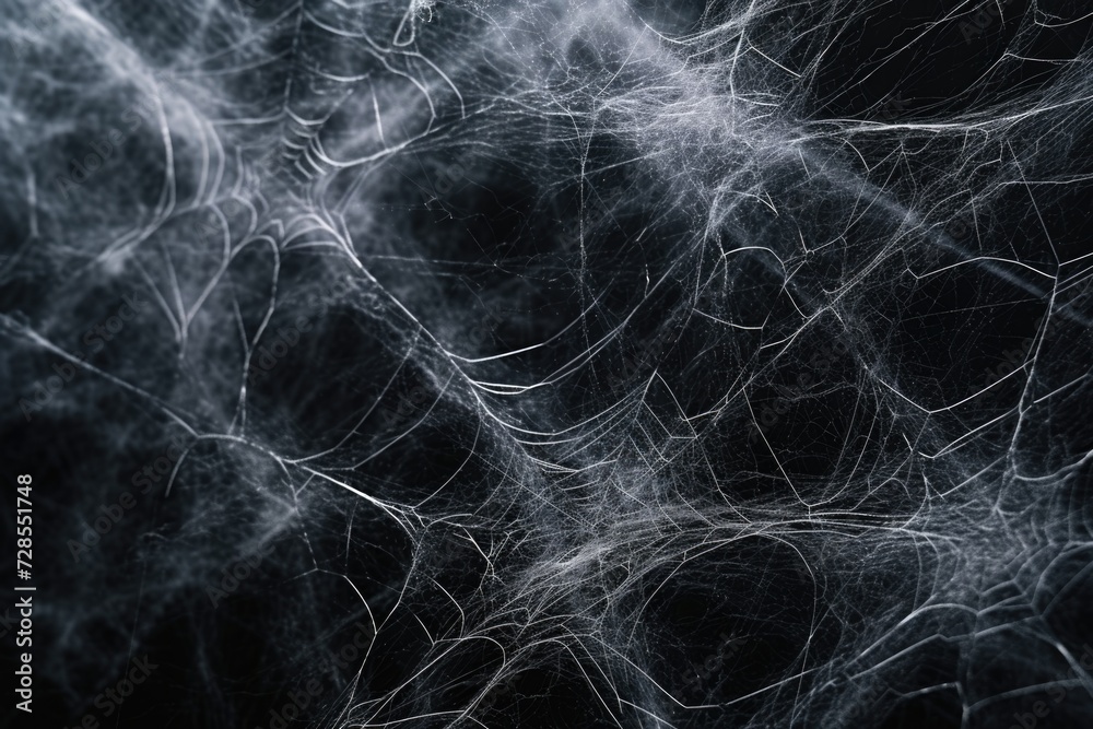 Poster a detailed close up of a spider web on a dark black background. this image can be used to depict nat