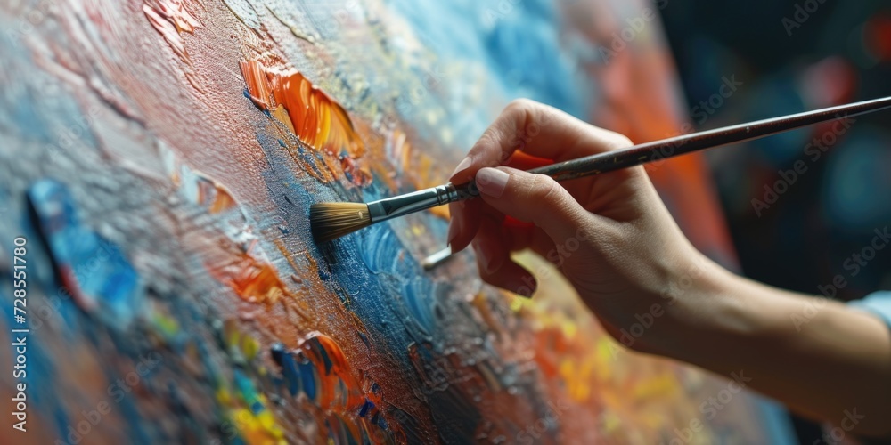 Poster a close-up view of a person holding a paint brush. this image can be used for various creative proje