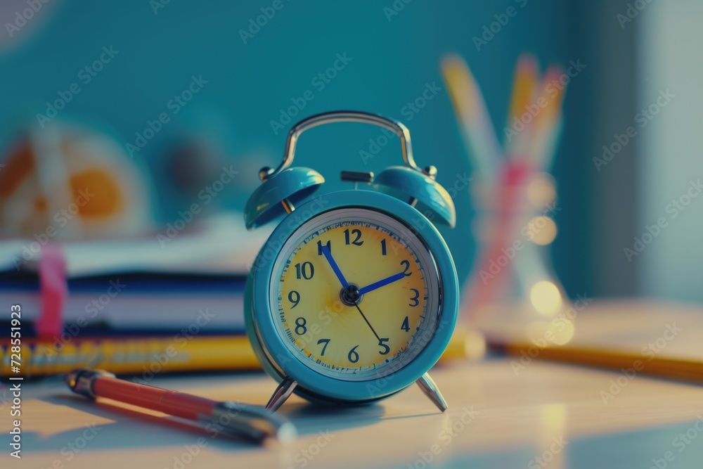 Poster a blue alarm clock sitting on top of a table. perfect for time management and morning routines