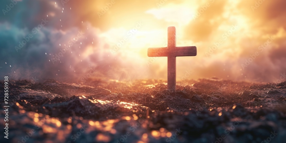 Poster A cross stands tall in the middle of a field of dirt. This image can be used to represent faith, spirituality, or a memorial