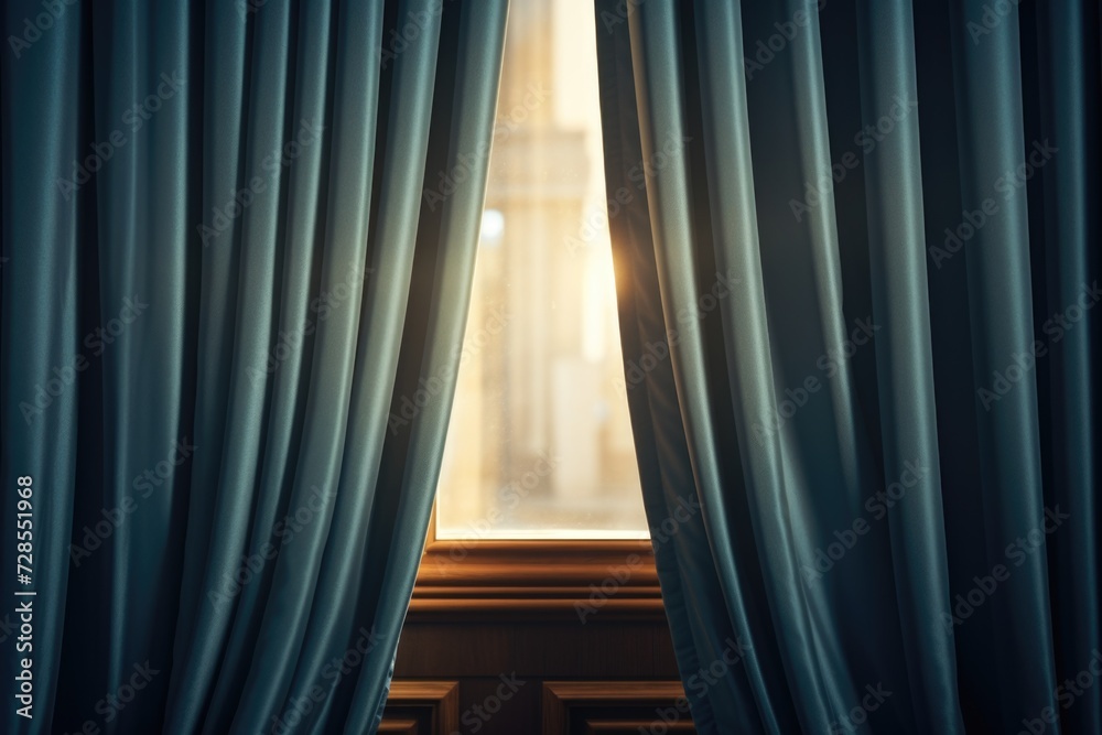 Poster A window with blue curtains allowing light to pass through. Suitable for various creative projects