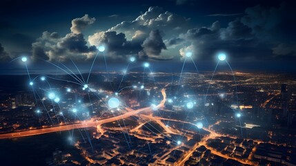 cloud computing with multiple networks and digital devices on top of a city - obrazy, fototapety, plakaty