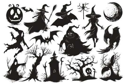 A collection of black and white silhouettes depicting various Halloween characters. Perfect for Halloween-themed designs and decorations