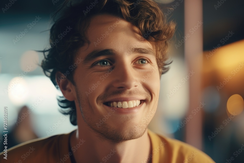 Poster a man with curly hair smiling directly at the camera. suitable for various uses