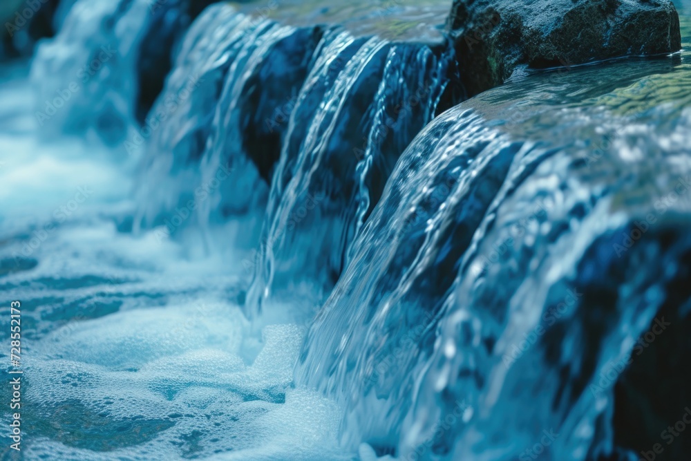 Poster a detailed view of a small waterfall surrounded by rocks. perfect for nature and landscape themes