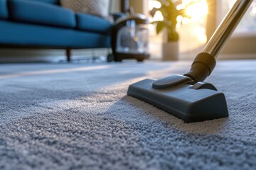A detailed close-up shot of a vacuum cleaner placed on a carpet. Perfect for household cleaning or maintenance concepts - obrazy, fototapety, plakaty