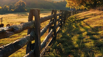 A wooden fence stands in the midst of a green field under the summer sky, surrounded by trees and a...