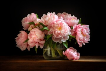 Pink peonies, in a glass jar, lush bouquet,on a black background, postcard,