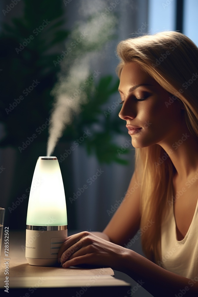 Poster a woman is sitting at a table with a humidifier. this image can be used to depict a healthy and comf
