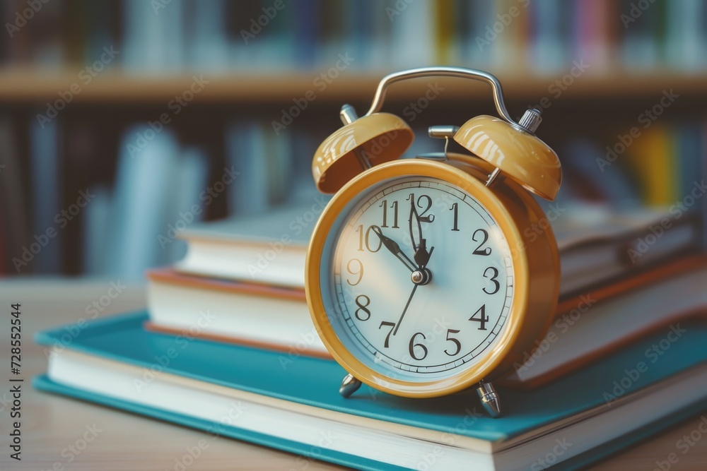 Poster A yellow alarm clock sits on top of a stack of books. Perfect for concepts related to time management and studying