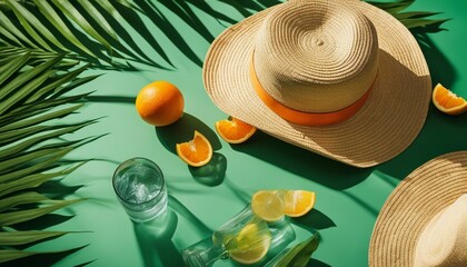 Summer flat with straw hat, sunglasses and glass of water with grapefruit slices on green background
