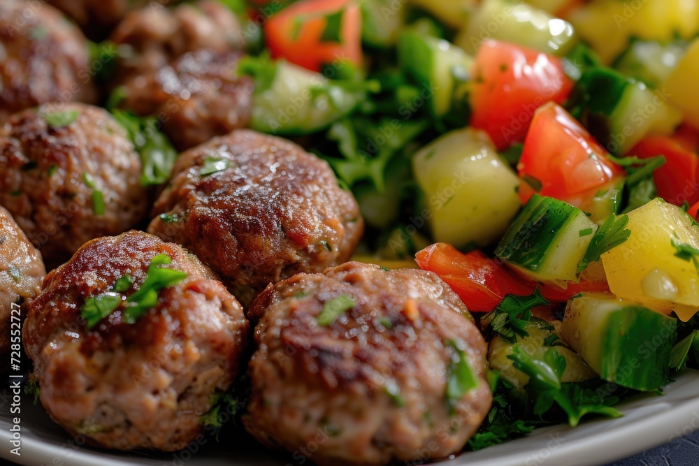 Poster A plate of meatballs and vegetables is displayed on a table. This image can be used to showcase a delicious and healthy meal option