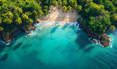 Island Oasis from Above: An Aerial Snapshot of a Secluded Beach Nestled in the Caribbean, with Swirling Aqua Waters, Palm Trees Dancing in the Breeze, and Rugged Cliffs Standing Guard