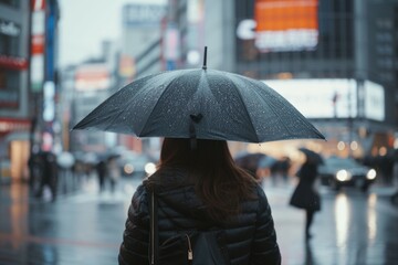 A woman stands in the rain, holding an umbrella. This image can be used to depict protection, weather, or a rainy day