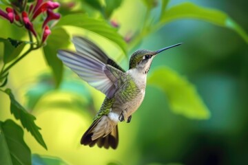 A hummingbird in flight near a beautiful flower. Perfect for nature enthusiasts and wildlife lovers
