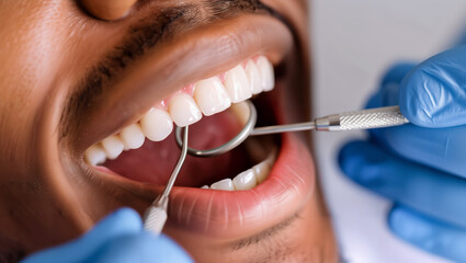 Close-up of a man's mouth at the dentist, as the dentist begins the examination with their instruments