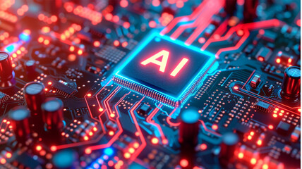 a complex circuit board, illustrating the integration of artificial intelligence technology with electronic hardware
