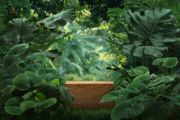 Minimal podium table top outdoors blur green leaf tropical forest plant background.beauty cosmetic healthy natural product placement pedestal display,spring or summer jungle paradise concept.